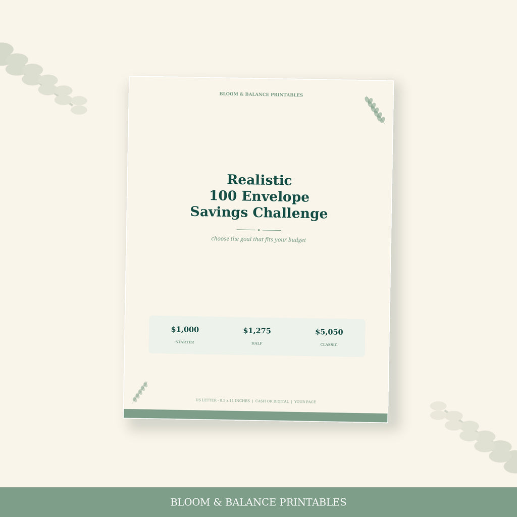 Cover of the Realistic 100 Envelope Savings Challenge printable in cream, sage, and deep green.