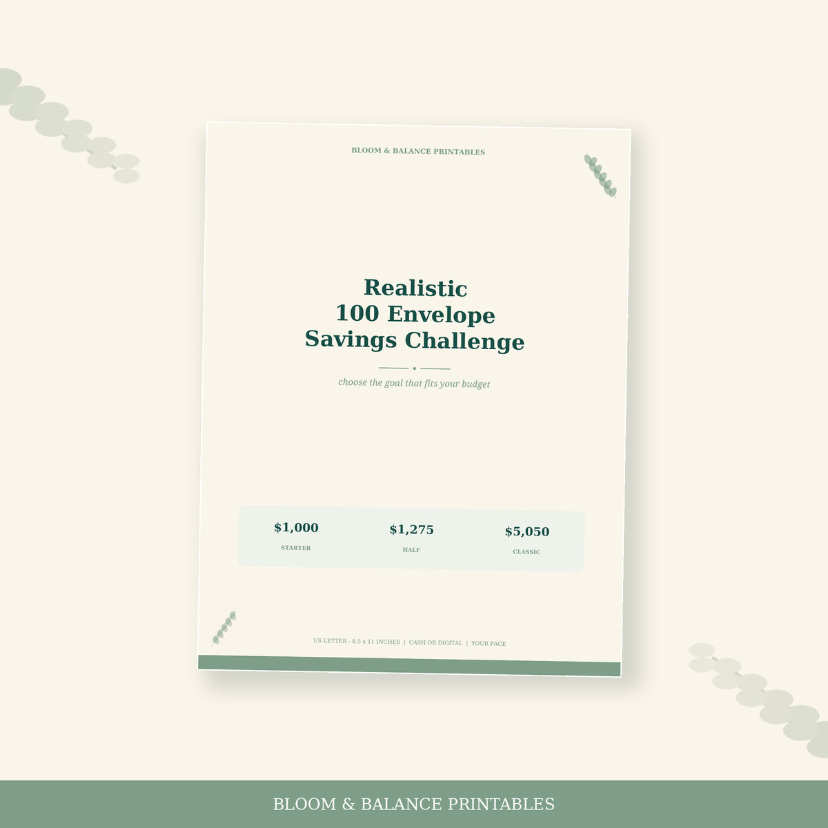 Cover of the Realistic 100 Envelope Savings Challenge printable in cream, sage, and deep green.