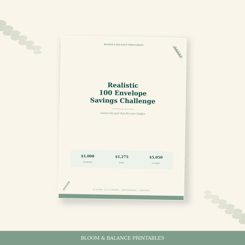 Cover of the Realistic 100 Envelope Savings Challenge printable in cream, sage, and deep green.