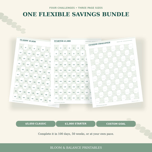 Three actual printable tracker pages showing the $5,050 classic, $1,000 starter, and custom savings challenges.