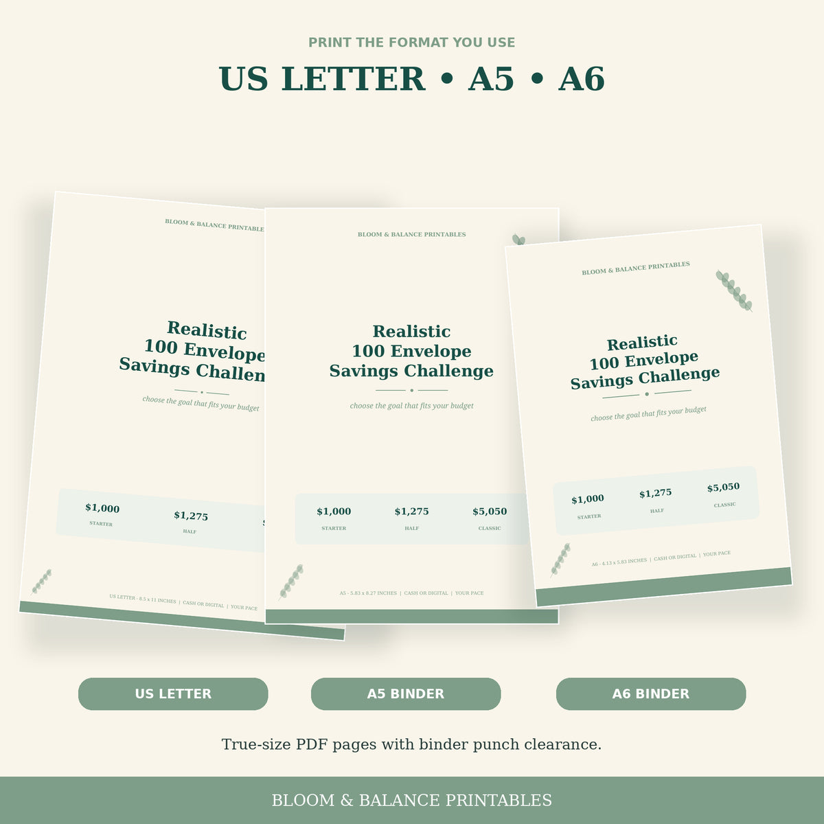 Product covers showing US Letter, A5, and A6 printable page sizes included in the bundle.