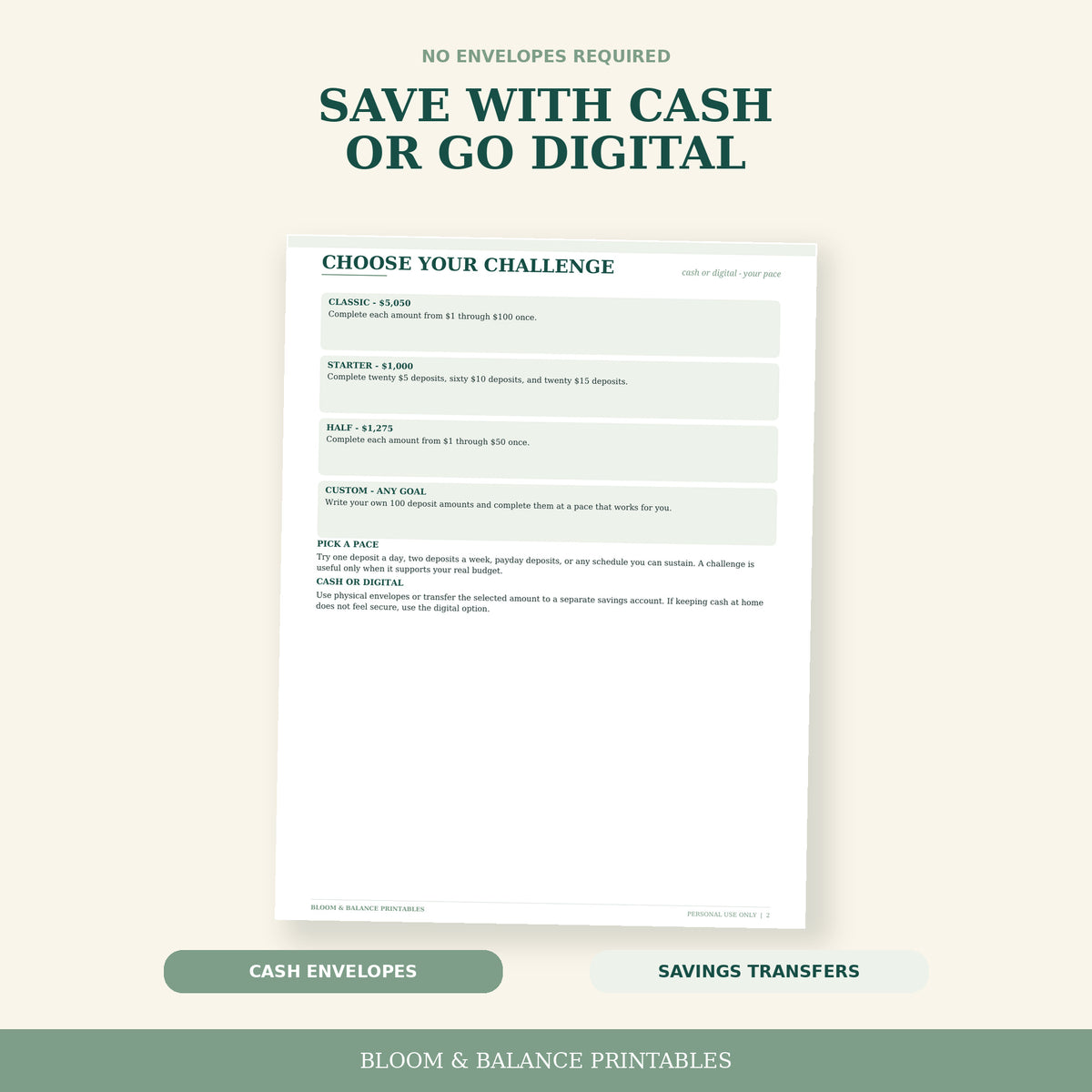 Challenge instruction page explaining cash-envelope and digital-savings options.