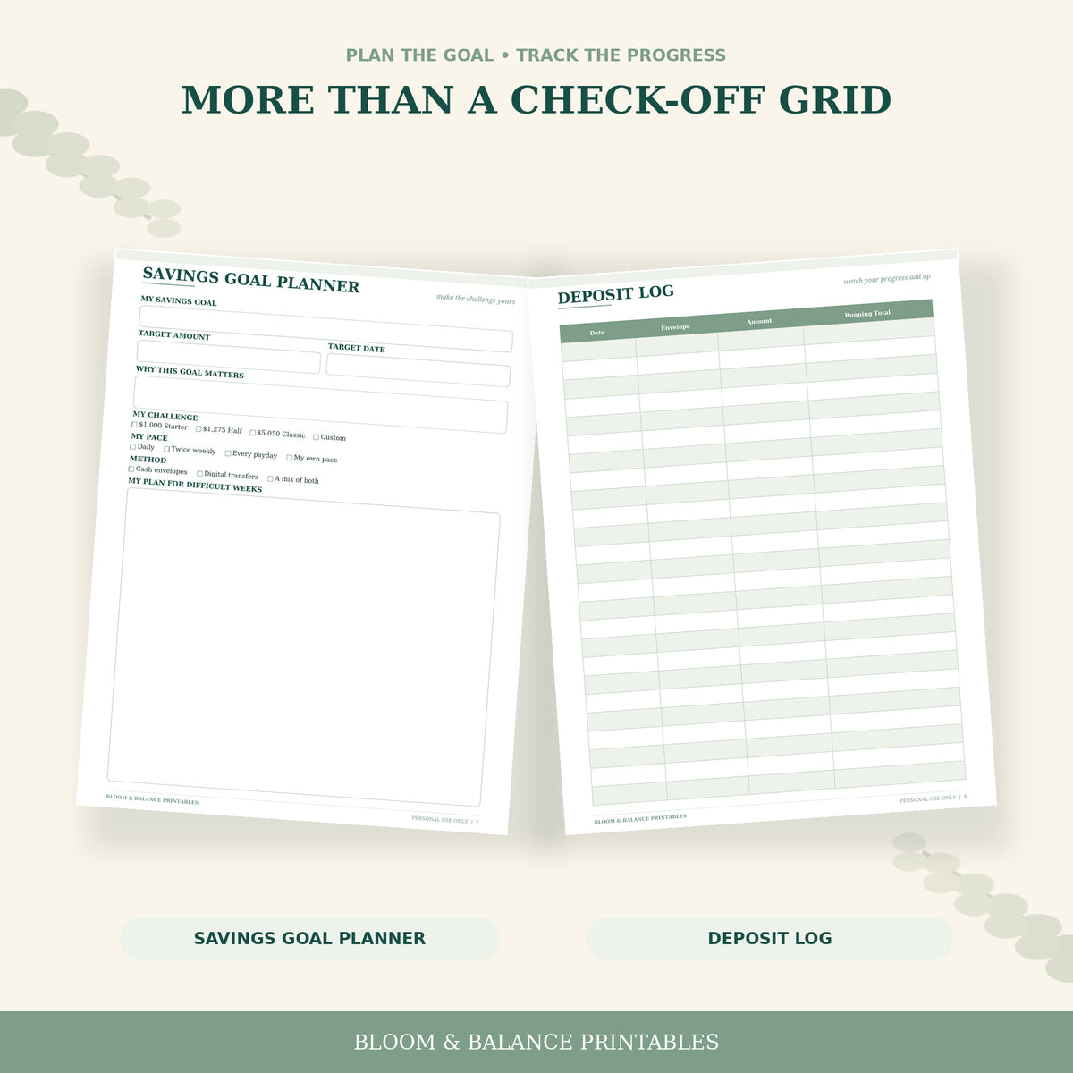Actual savings goal planner and deposit log pages included in the printable bundle.