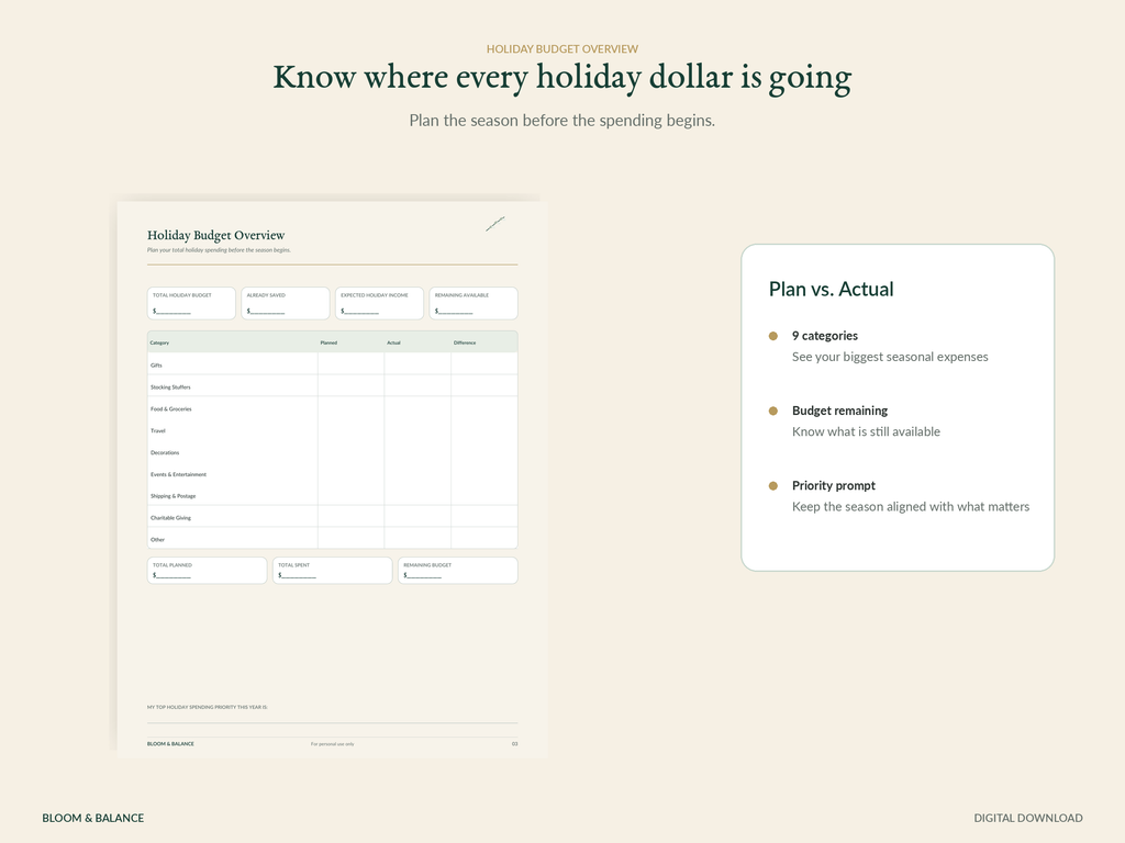 Holiday Budget Overview printable worksheet