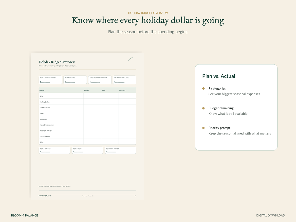 Holiday Budget Overview printable worksheet