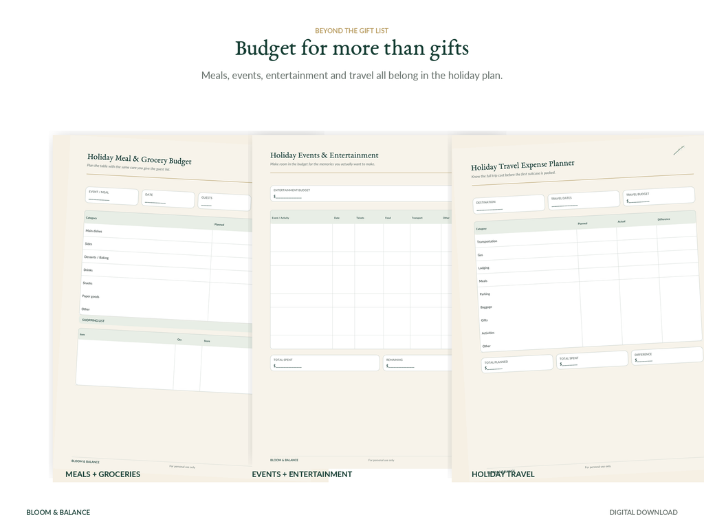 Holiday meal, events, entertainment, and travel budget printable worksheets