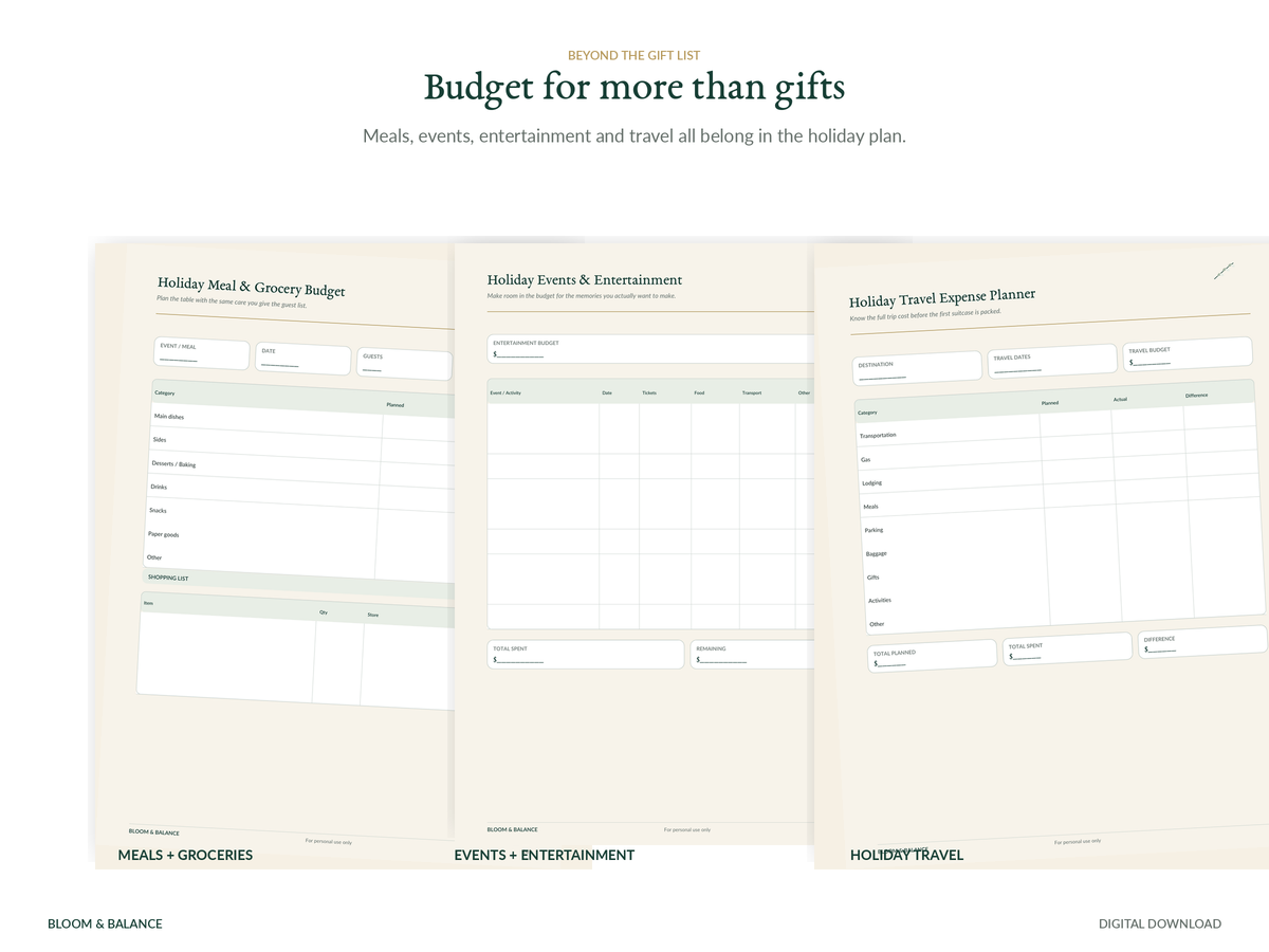 Holiday meal, events, entertainment, and travel budget printable worksheets