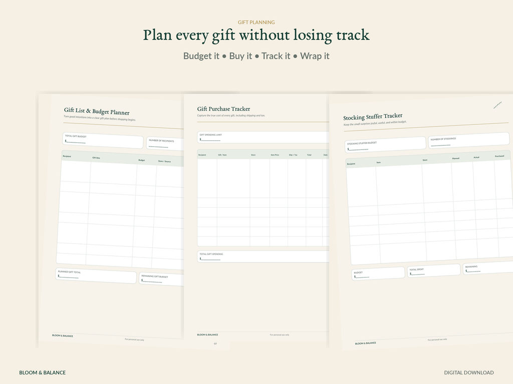 Holiday gift list, gift purchase, and stocking stuffer printable trackers