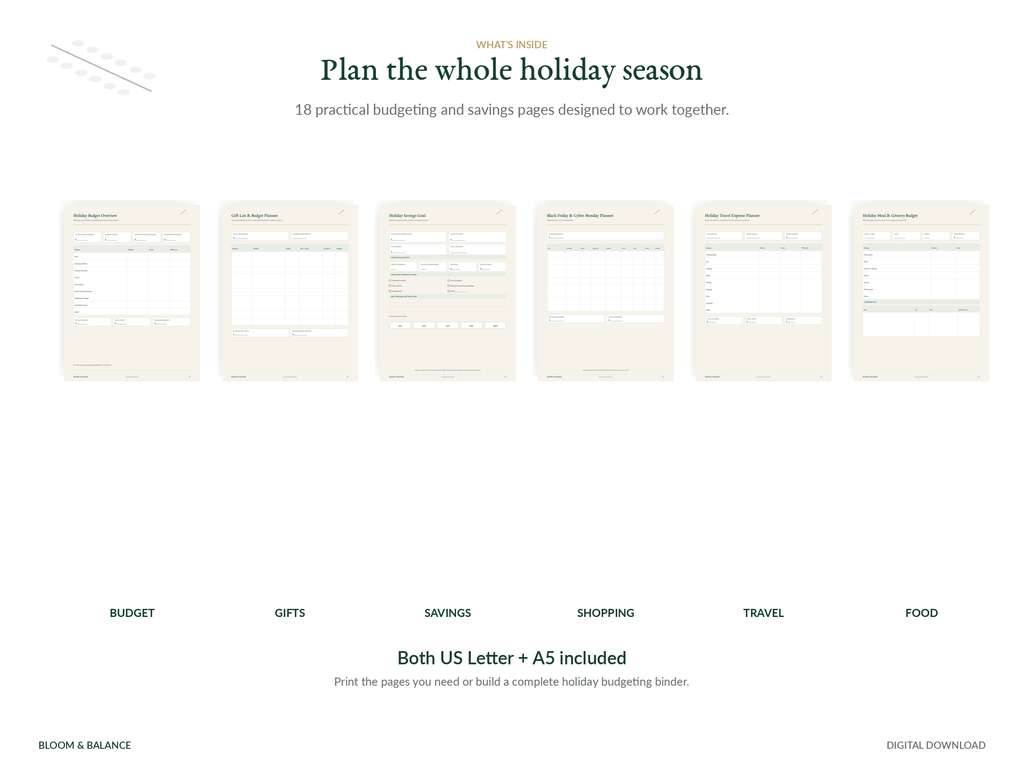 Holiday Spending & Savings Kit overview showing 18 printable planner pages