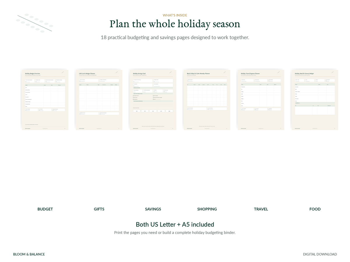 Holiday Spending & Savings Kit overview showing 18 printable planner pages