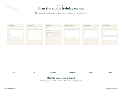 Holiday Spending & Savings Kit overview showing 18 printable planner pages