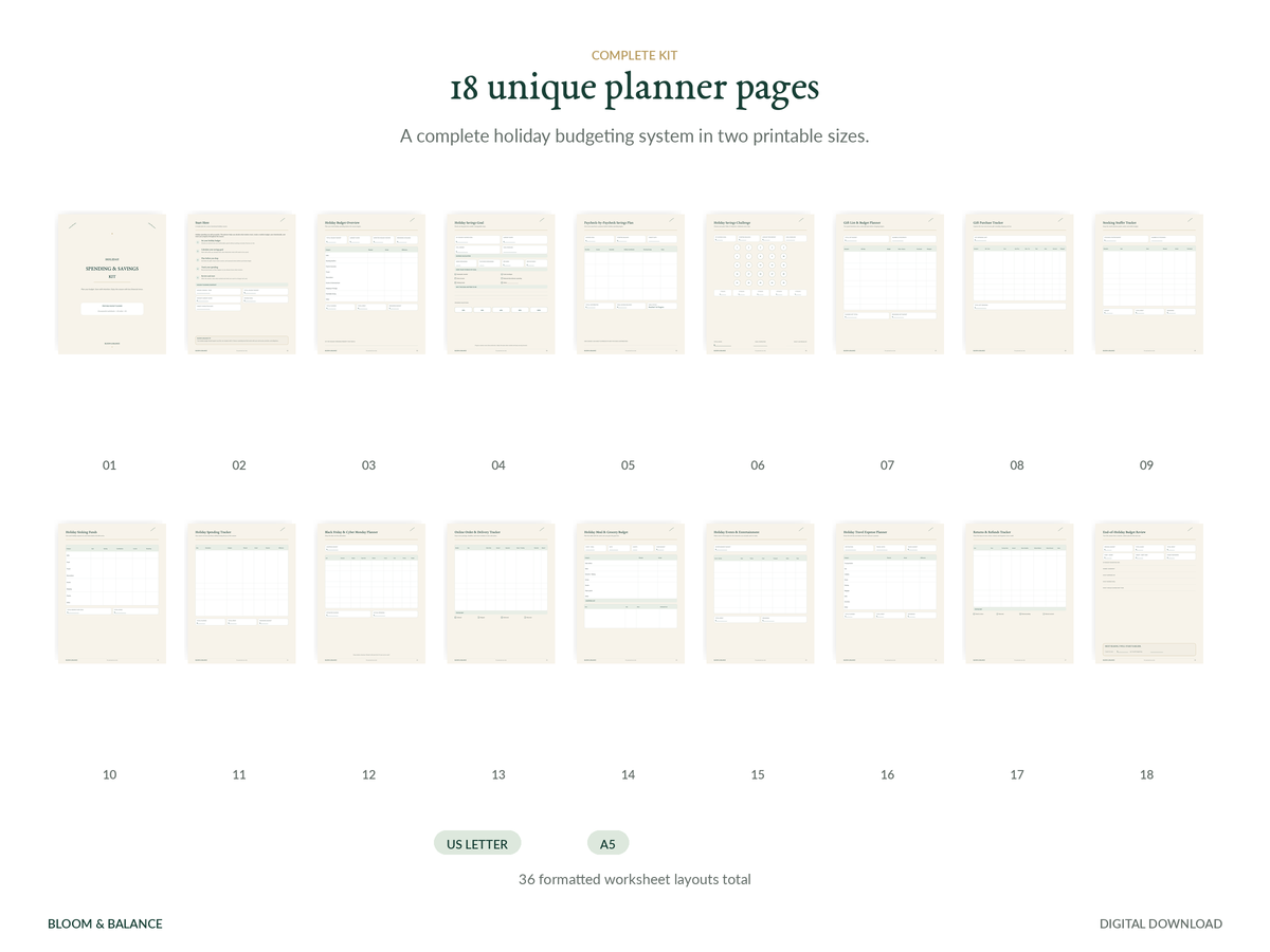 All 18 pages included in the Holiday Spending & Savings Kit