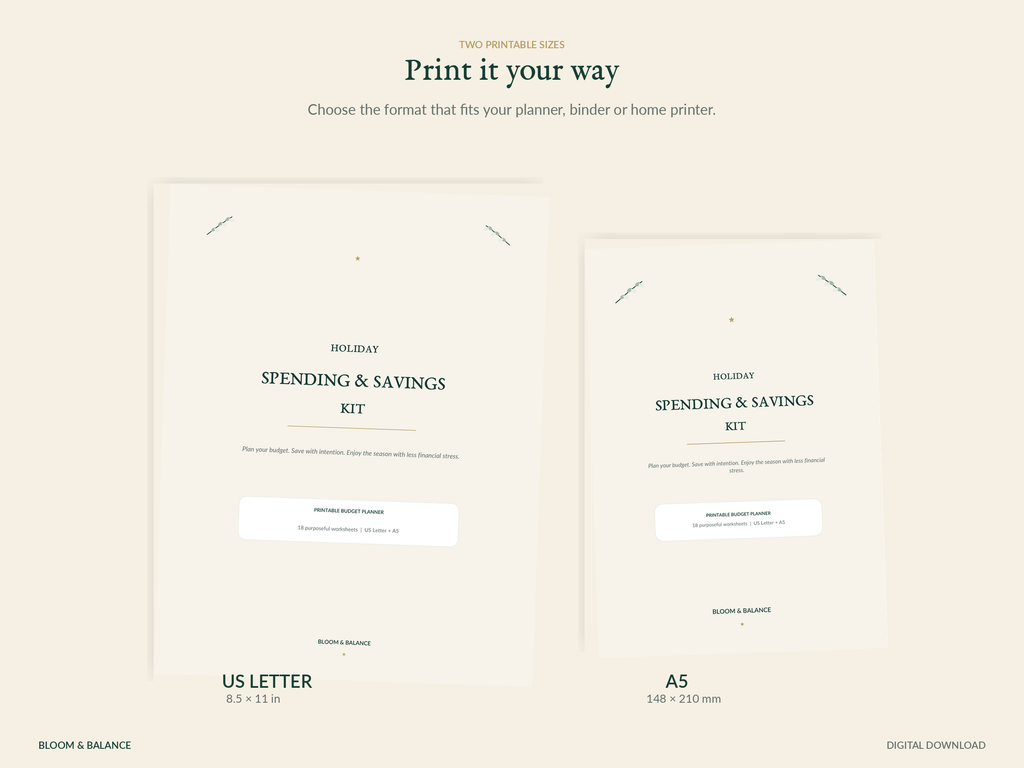 Holiday budget planner included in US Letter and A5 printable sizes