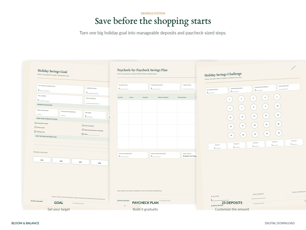 Holiday savings goal, paycheck plan, and 25-deposit savings challenge printables