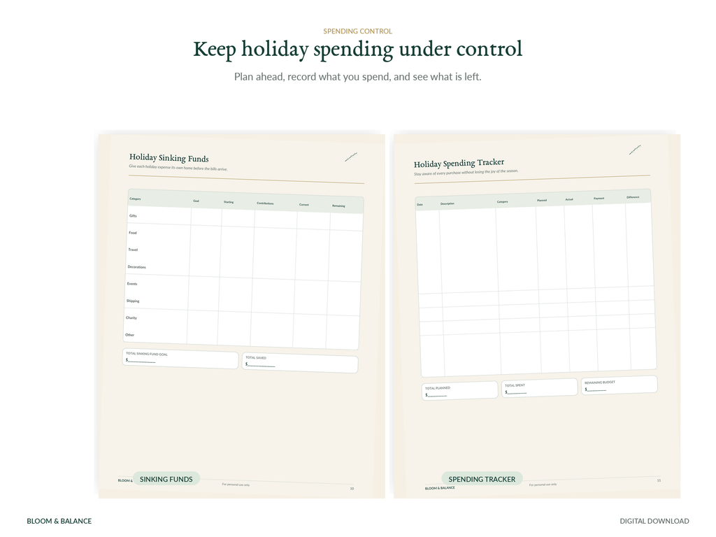 Holiday sinking funds and holiday spending tracker printables