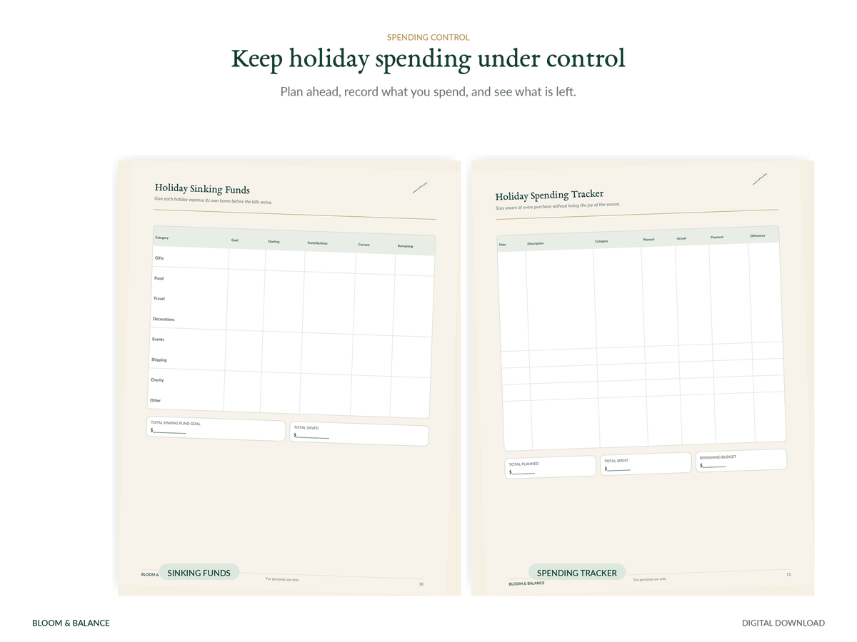 Holiday sinking funds and holiday spending tracker printables