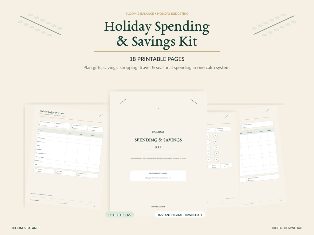 Holiday Spending & Savings Kit printable budget planner, 18 pages in US Letter and A5